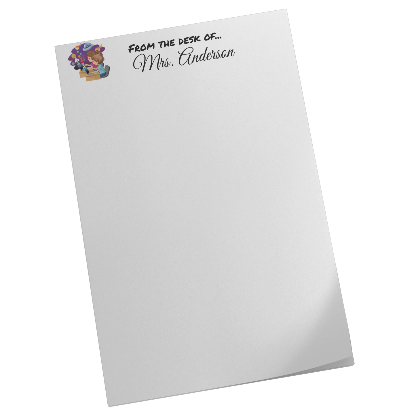 Personalized notepad with "From the Desk of Mrs. Anderson
