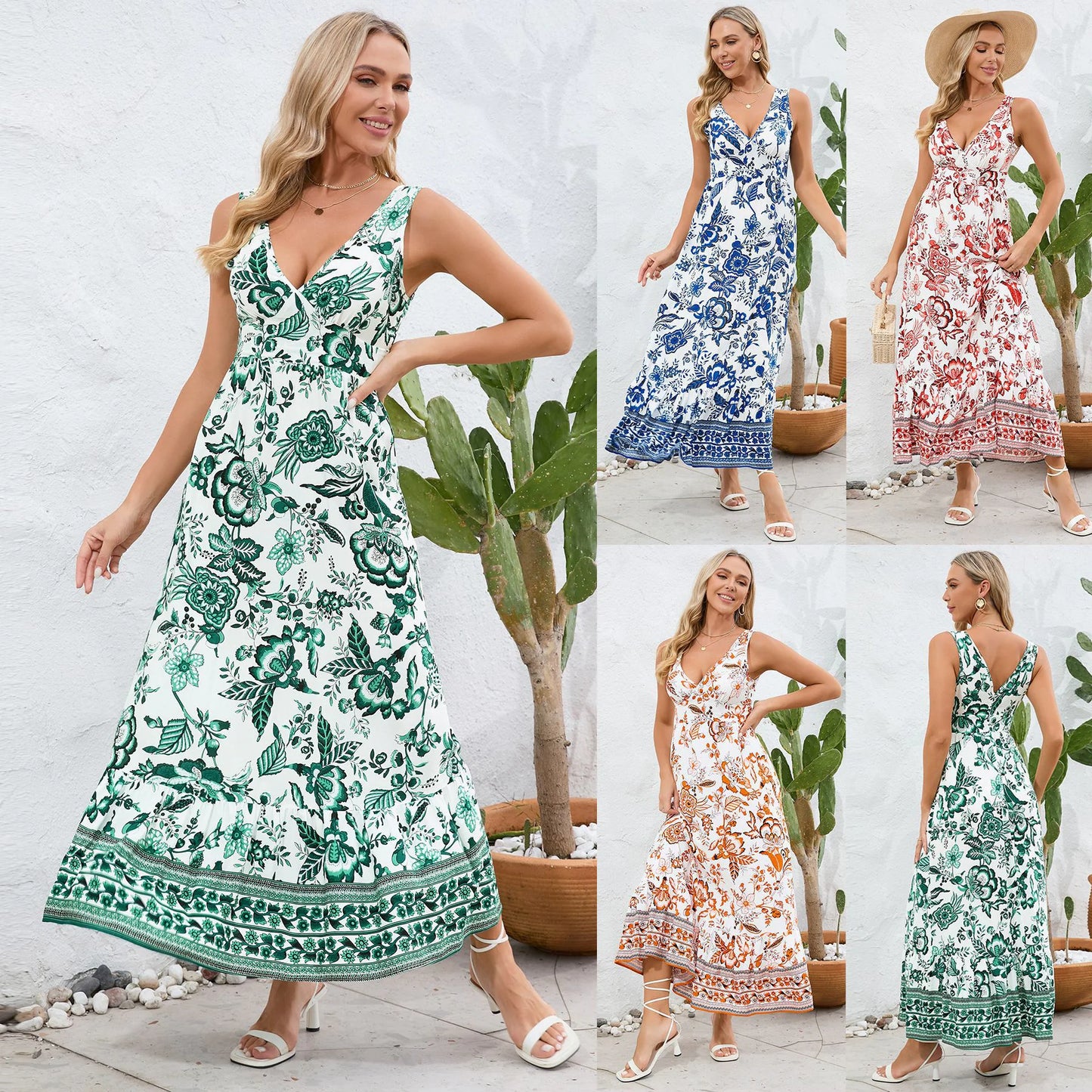 Elegant summer vacation maxi dress with V-neckline: all 4 variant colors shown