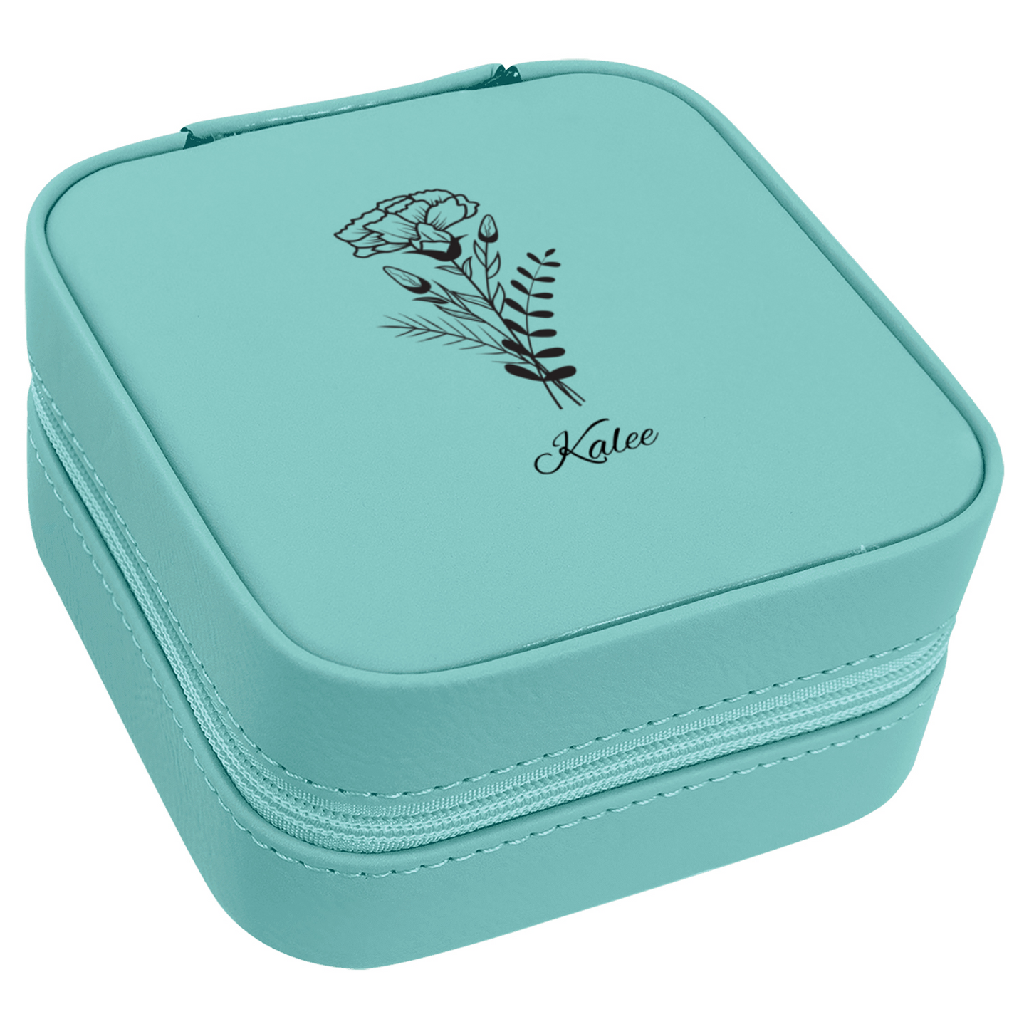 Teal jewelry travel case with custom name and flower