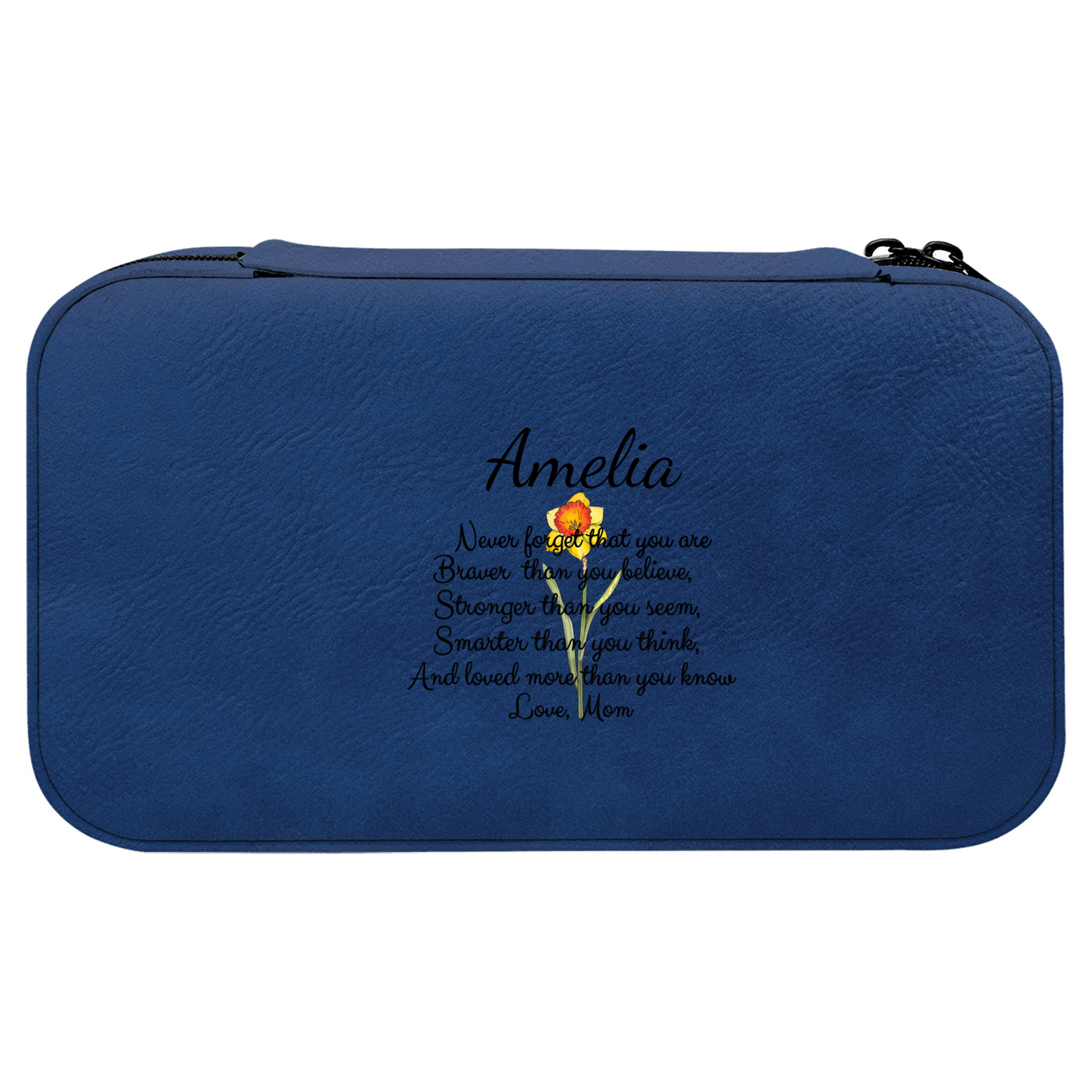Blue pouch with custom text surrounded by makeup items and accessories