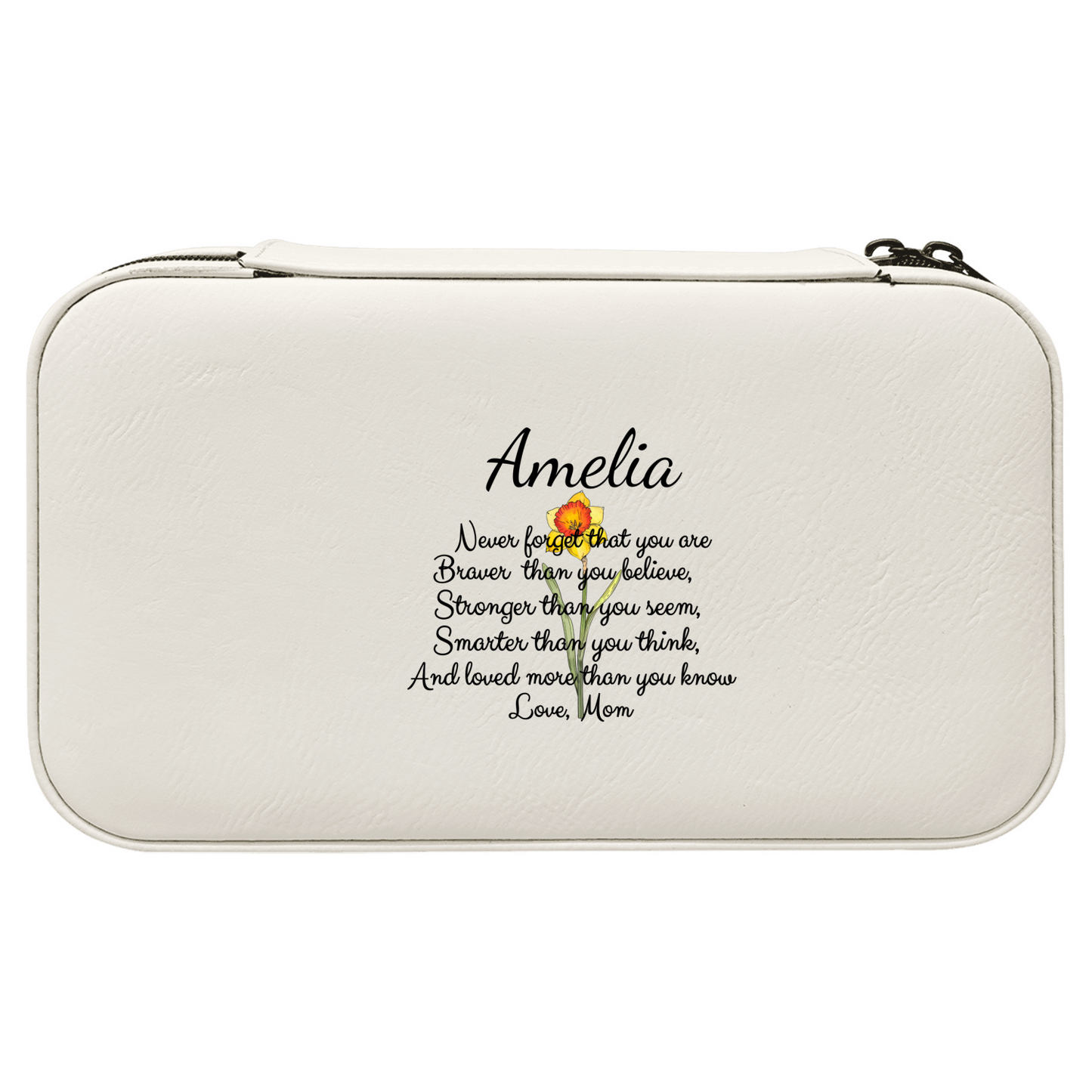 white pouch with custom text surrounded by makeup items and accessories