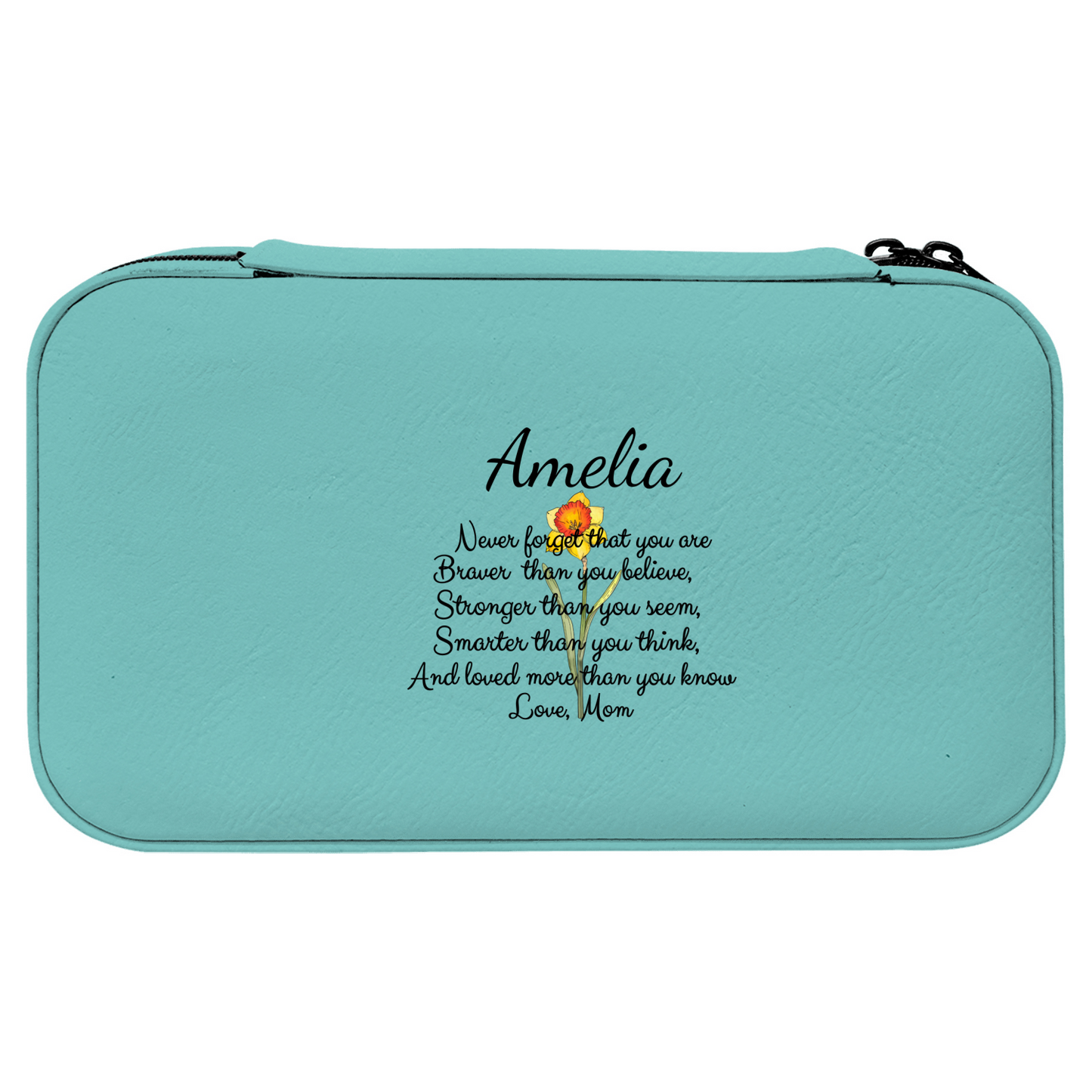 Teal pouch with custom text surrounded by makeup items and accessories