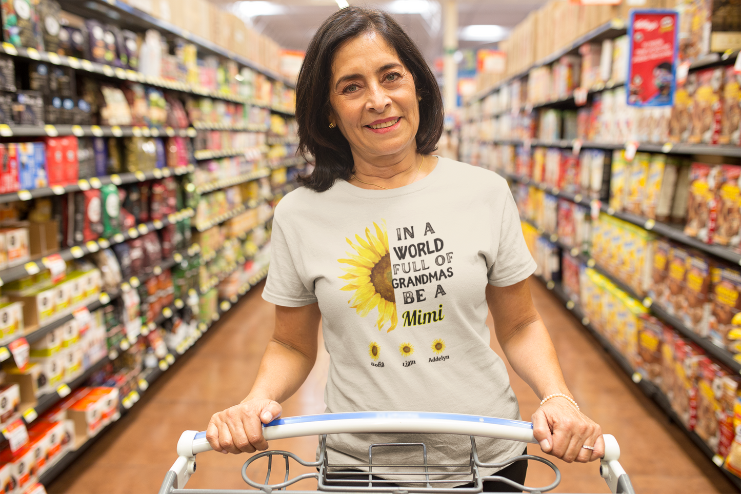 Happy older woman in custom sunflower tee with “Be a Mimi” message