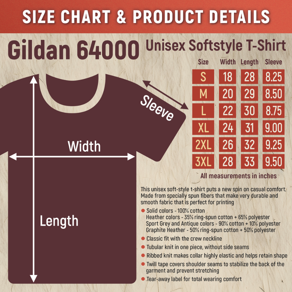 Gildan 64000 unisex softstyle t-shirt size chart and product details on a textured background