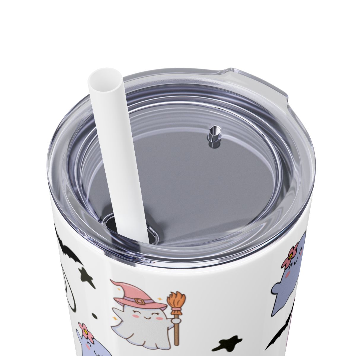 Tumbler with Halloween-themed design featuring ghosts, pumpkins, and witches on a white background.