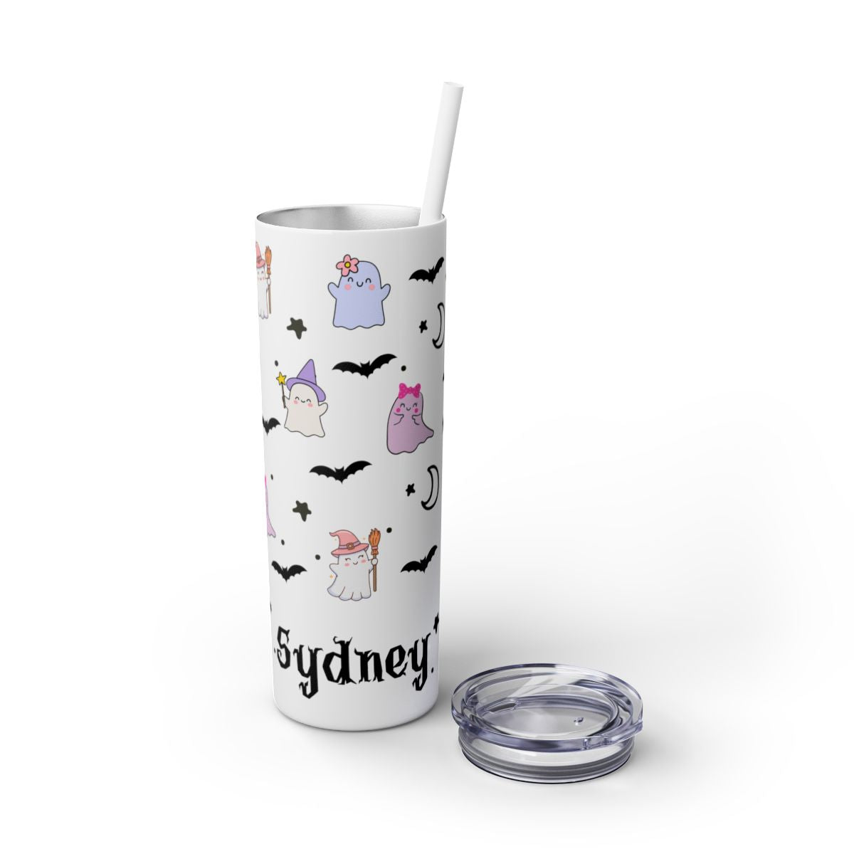 Tumbler with Halloween-themed design and 'Sydney' text on a white background
