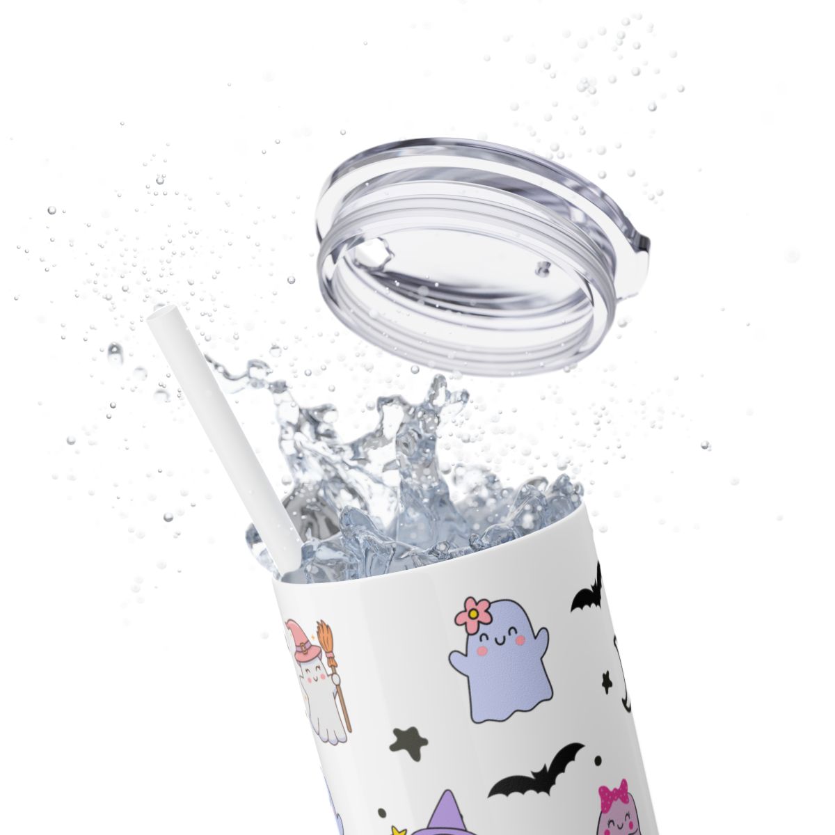 Tumbler with Halloween-themed design and straw on a white background