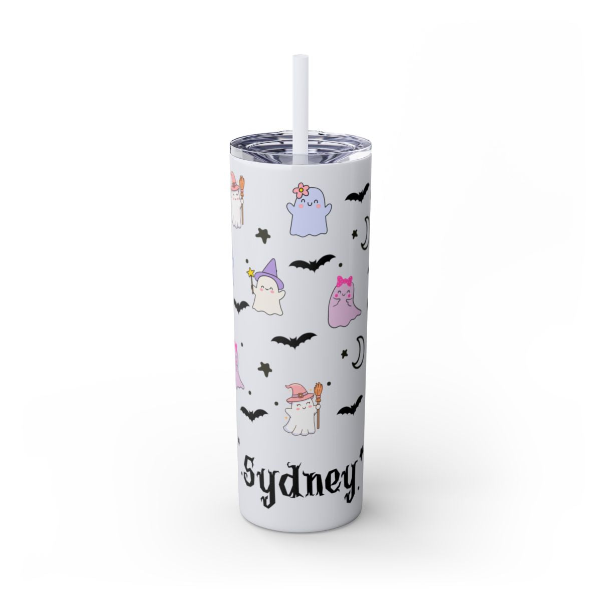 Tumbler with Halloween-themed design and 'Sydney' text on a white background
