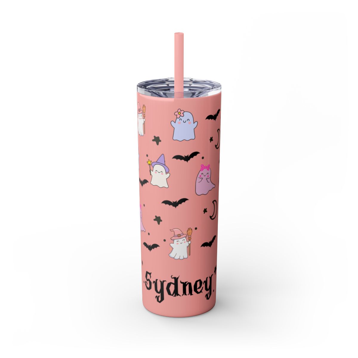 Pink tumbler with Halloween-themed design and straw on a white background