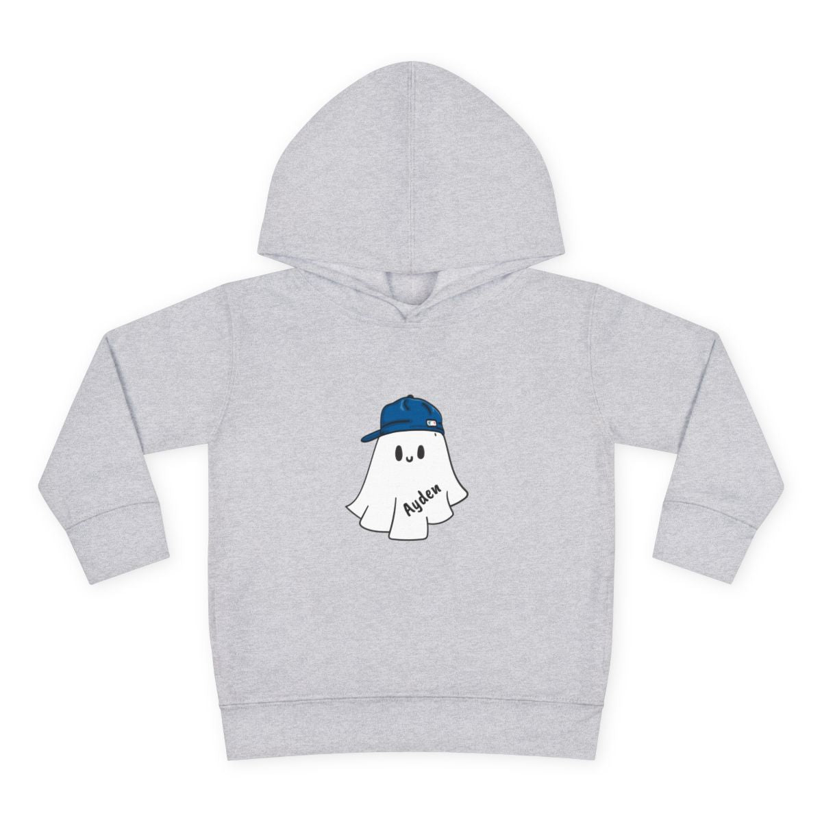 Gray hoodie with a ghost wearing a blue cap and 'Ayden' text on a white background