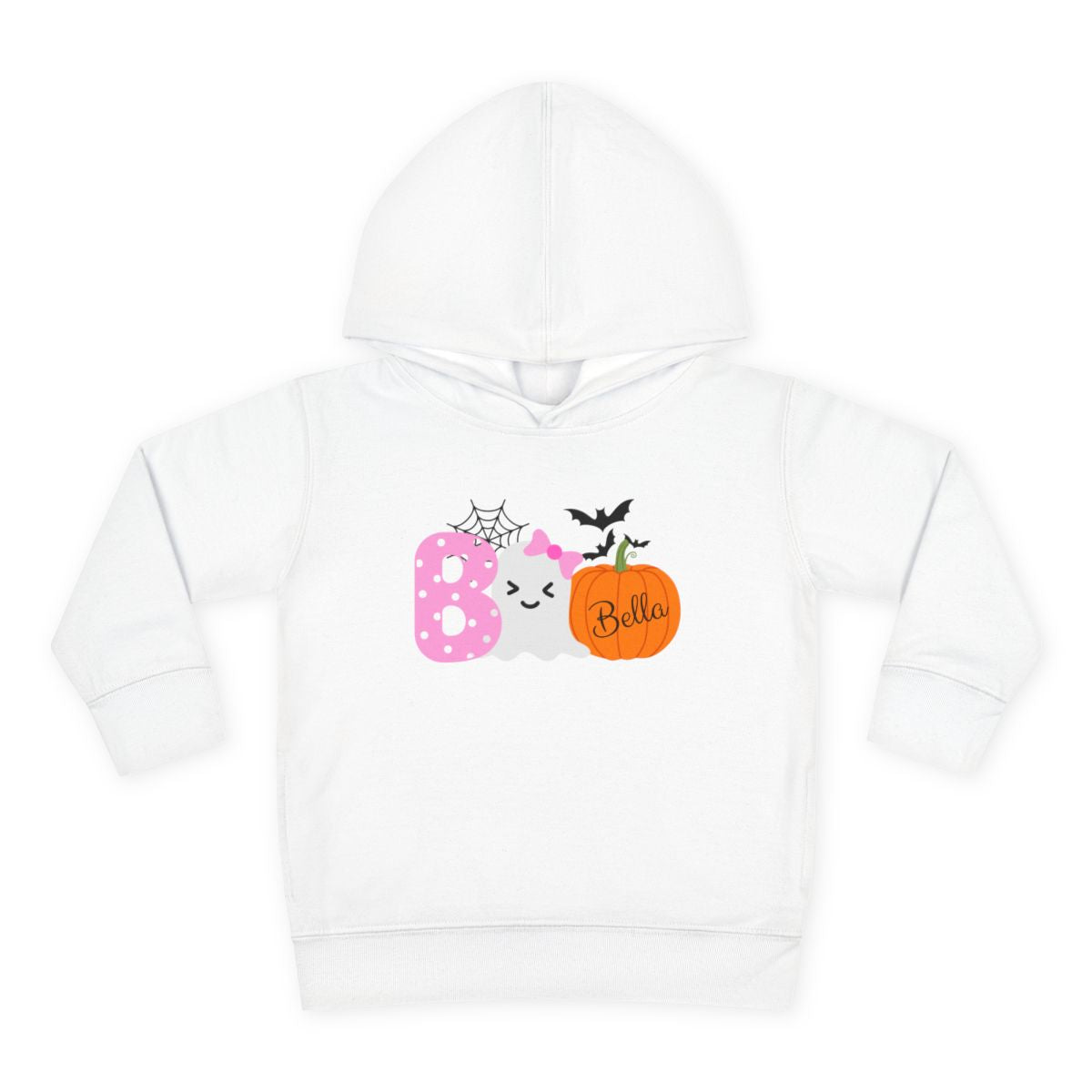 White hoodie with Halloween-themed design and 'Bella' text on a white background