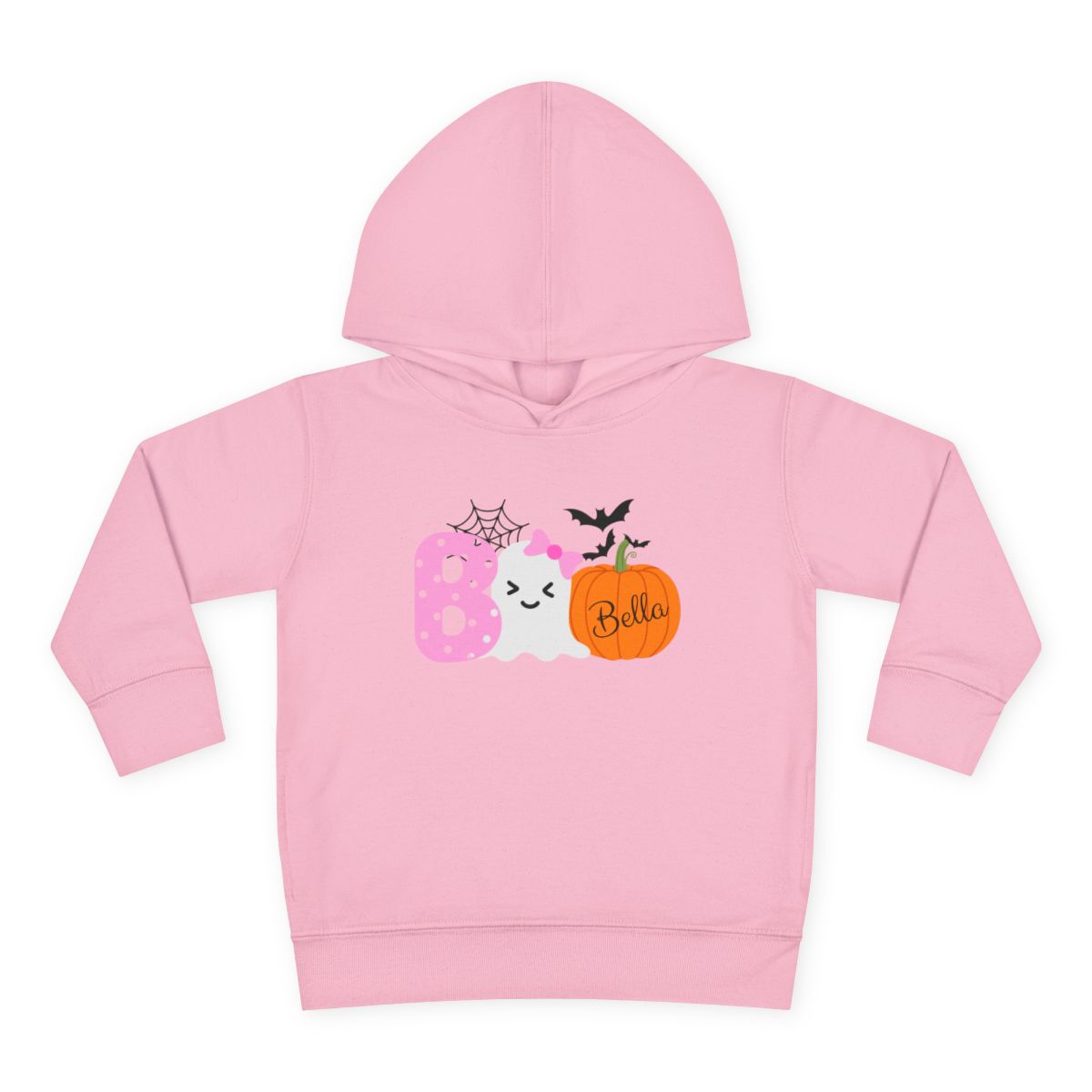 Pink hoodie with Halloween-themed design and name 'Bella' on a white background