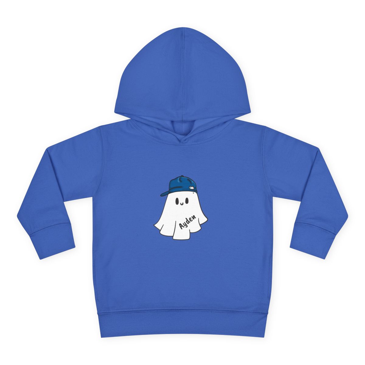 Blue hoodie with a ghost wearing a cap graphic on a white background