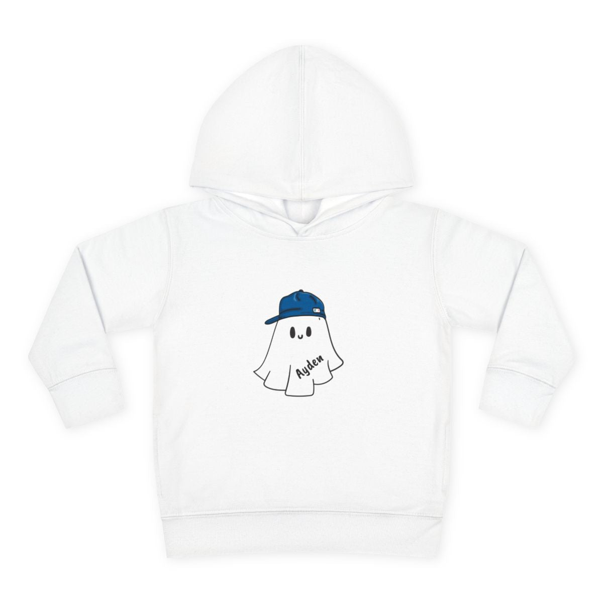 White hoodie with a ghost wearing a blue cap and 'Ayden' text on a white background