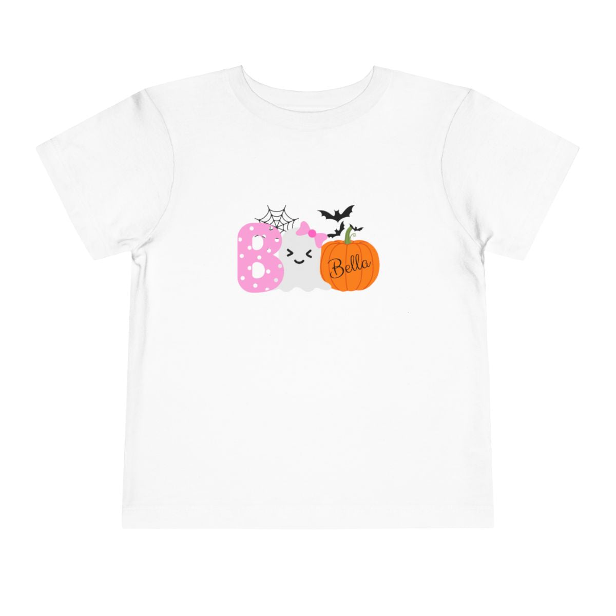 White t-shirt with Halloween-themed design featuring a pink ghost, orange pumpkin, and black bat on a white background.