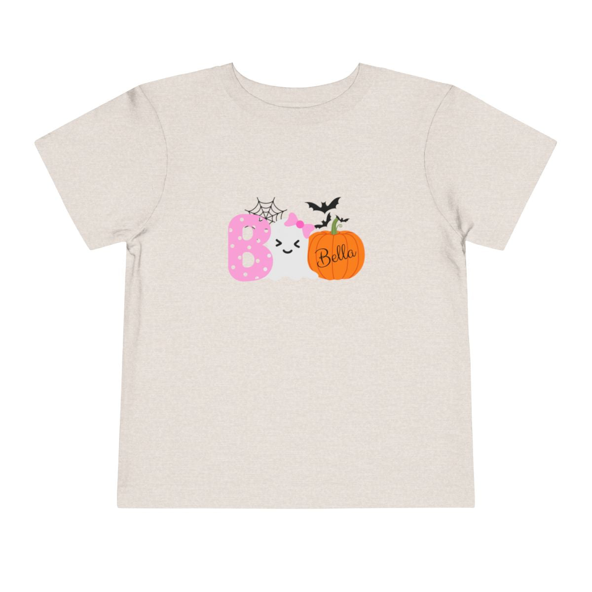 Beige t-shirt with Halloween-themed design on a white background