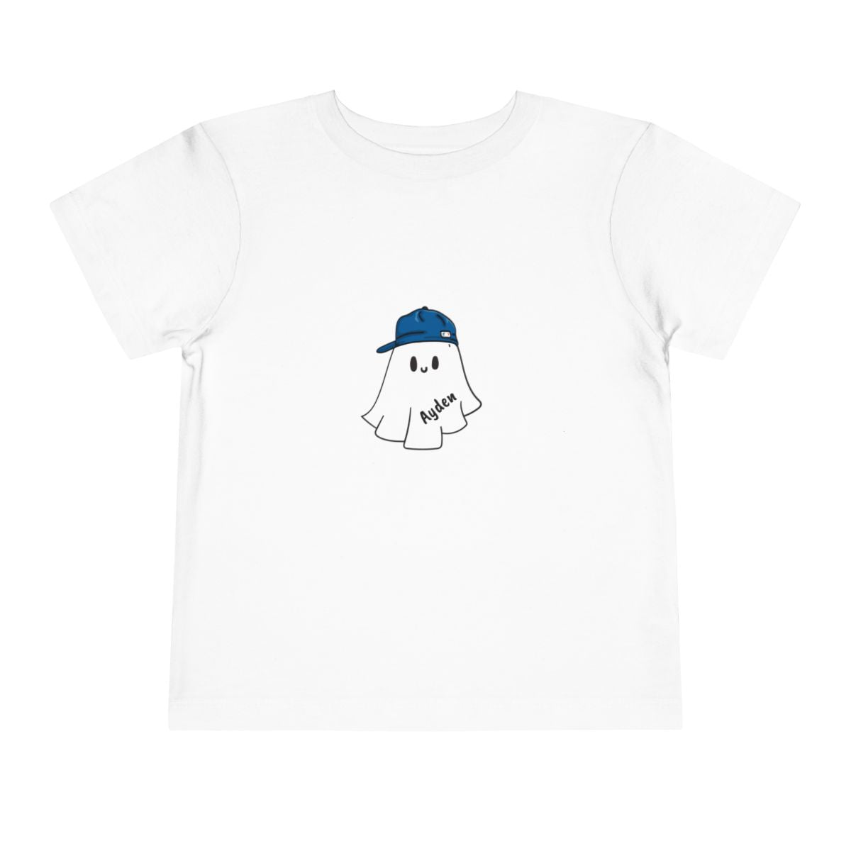 White t-shirt with a ghost wearing a blue cap graphic on a white background