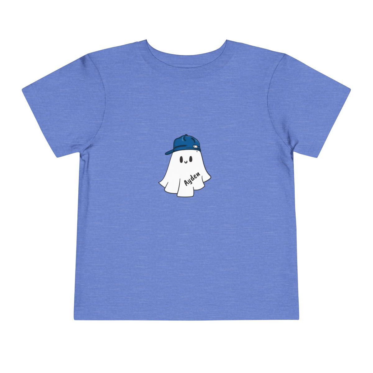 Blue t-shirt with a ghost wearing a cap graphic on a white background