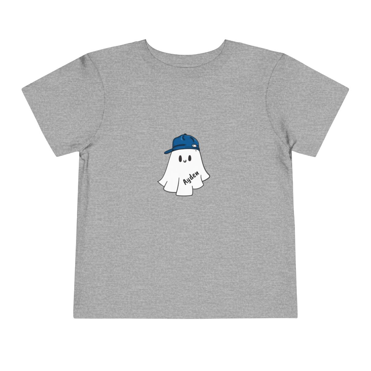 Gray t-shirt with a ghost wearing a blue cap graphic on a white background