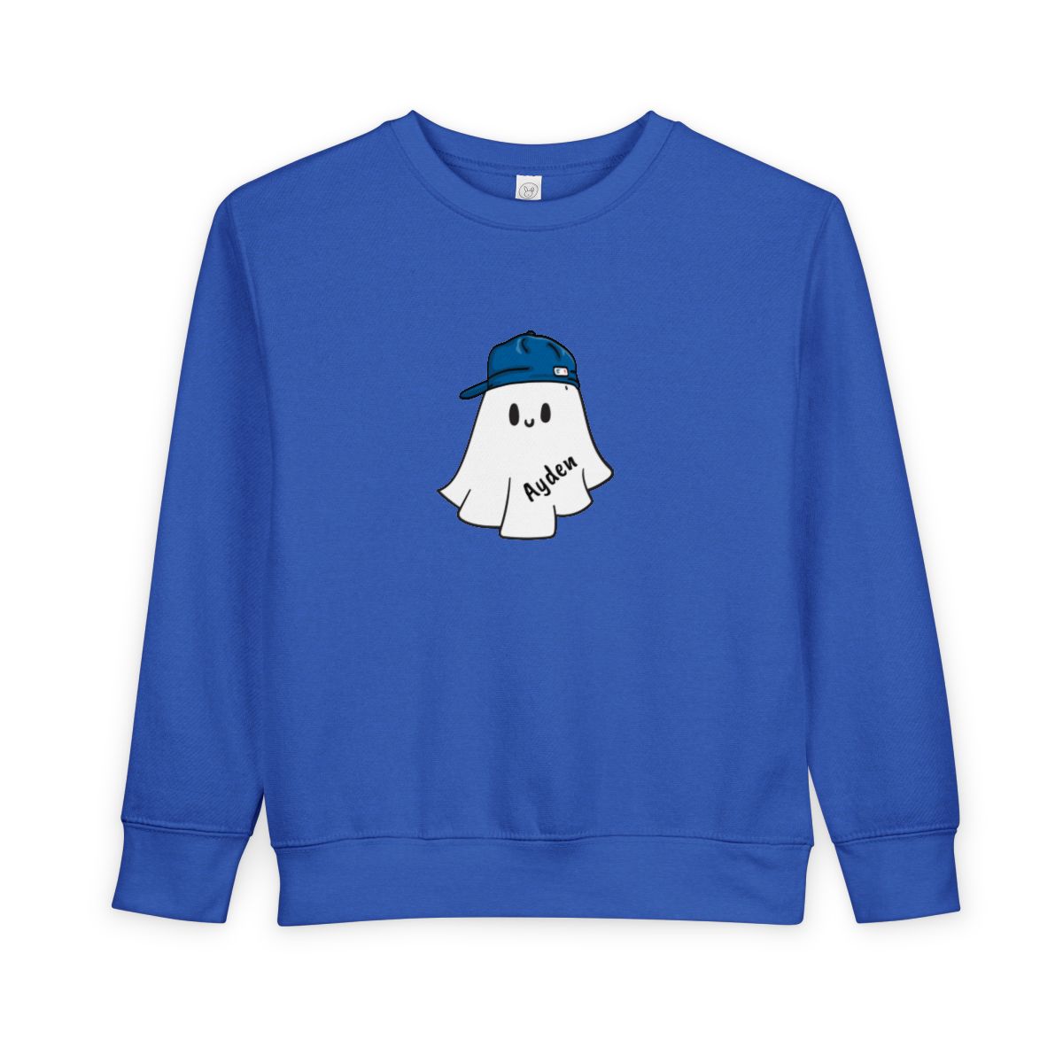Blue sweatshirt with a ghost wearing a cap graphic on a white background