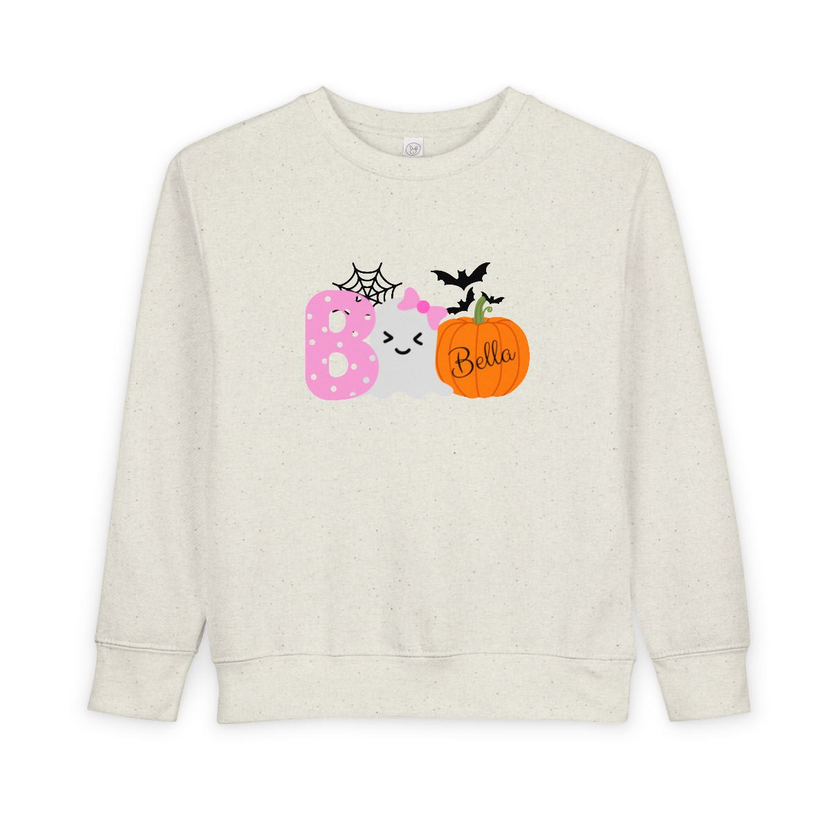 Beige sweatshirt with Halloween-themed design and 'Bella' text on a white background