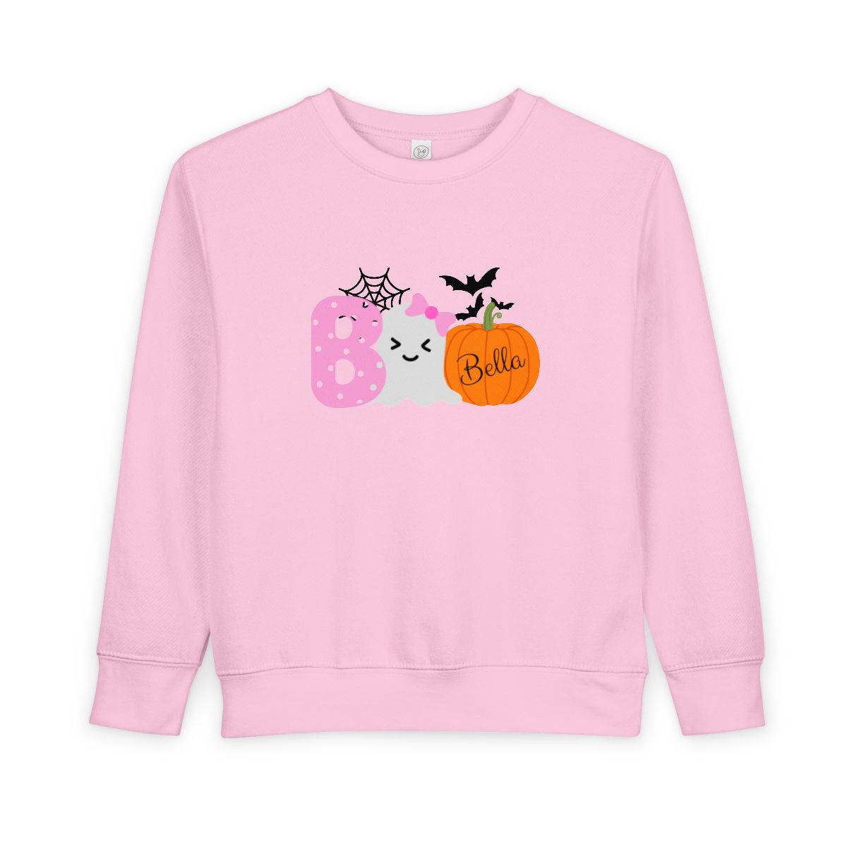 Pink sweatshirt with Halloween-themed design and name 'Bella' on a white background