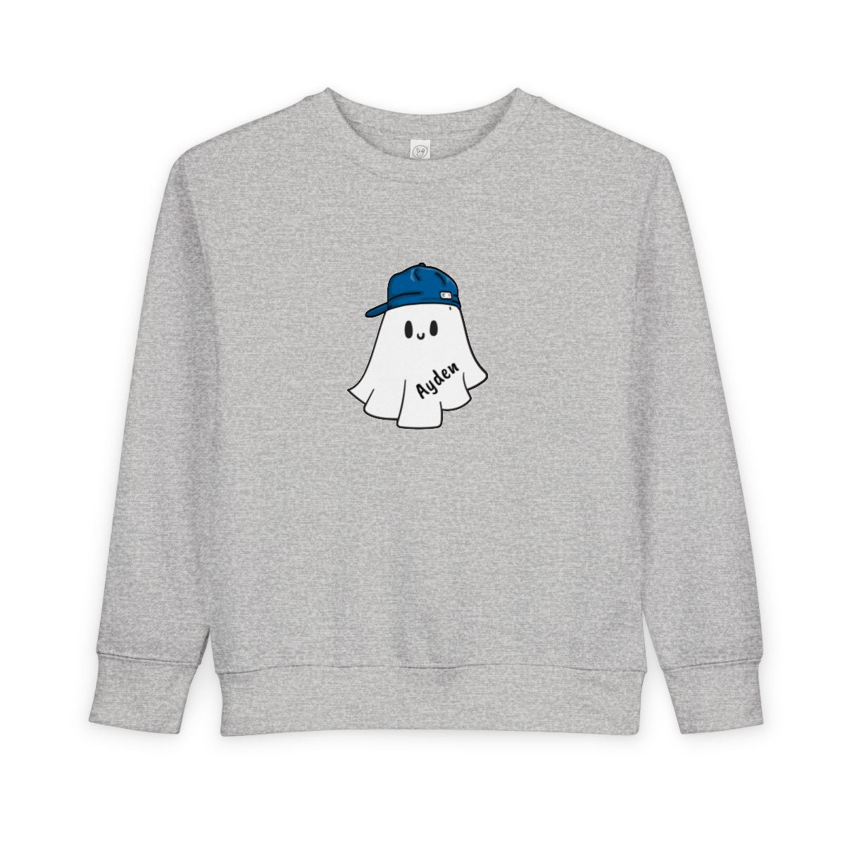 Gray sweatshirt with a ghost wearing a blue cap graphic on a white background