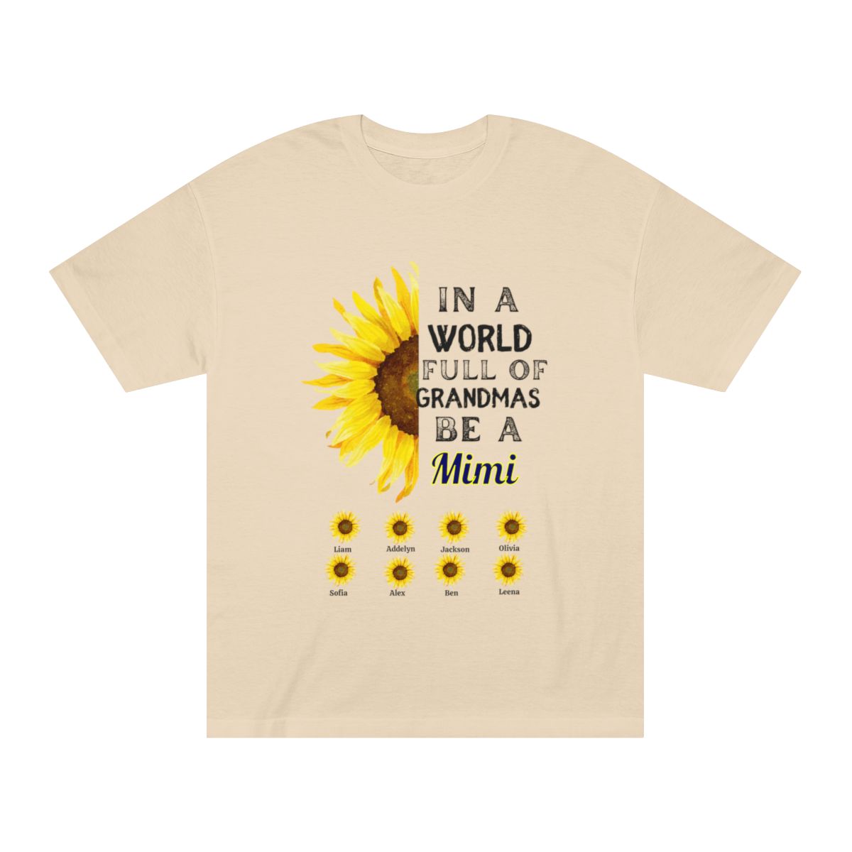Sand colored Personalized grandma shirt with sunflower print and “Mimi” text for Mother's Day