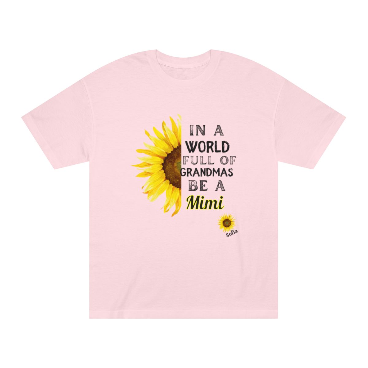 Pink Personalized grandma shirt with sunflower print and “Mimi” text for Mother's Day