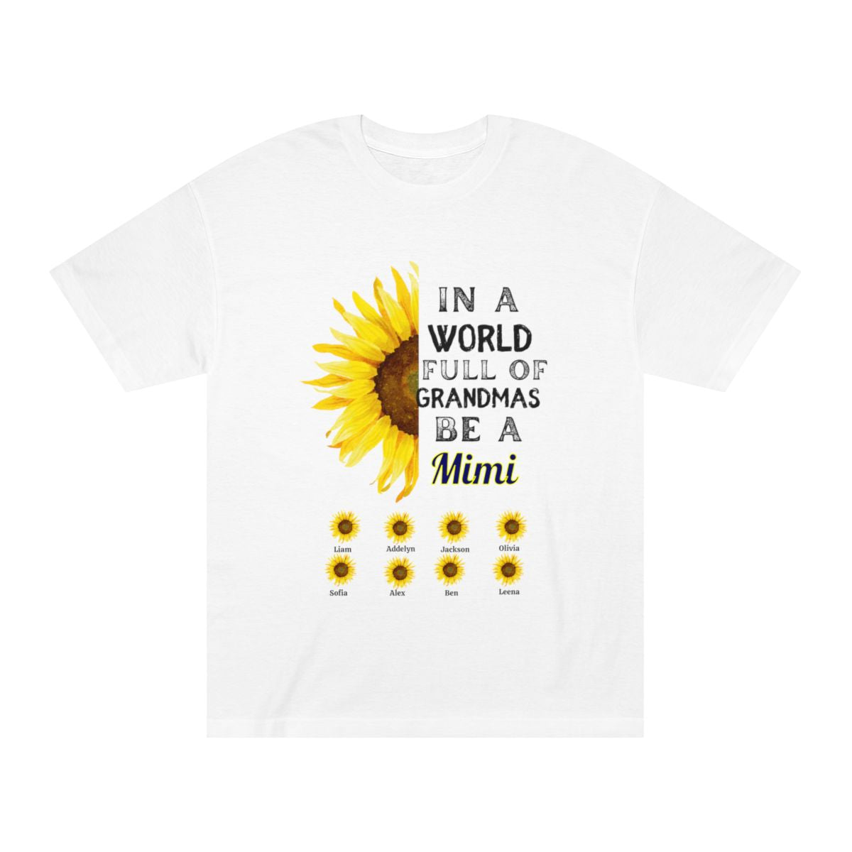 White Personalized grandma shirt with sunflower print and “Mimi” text
