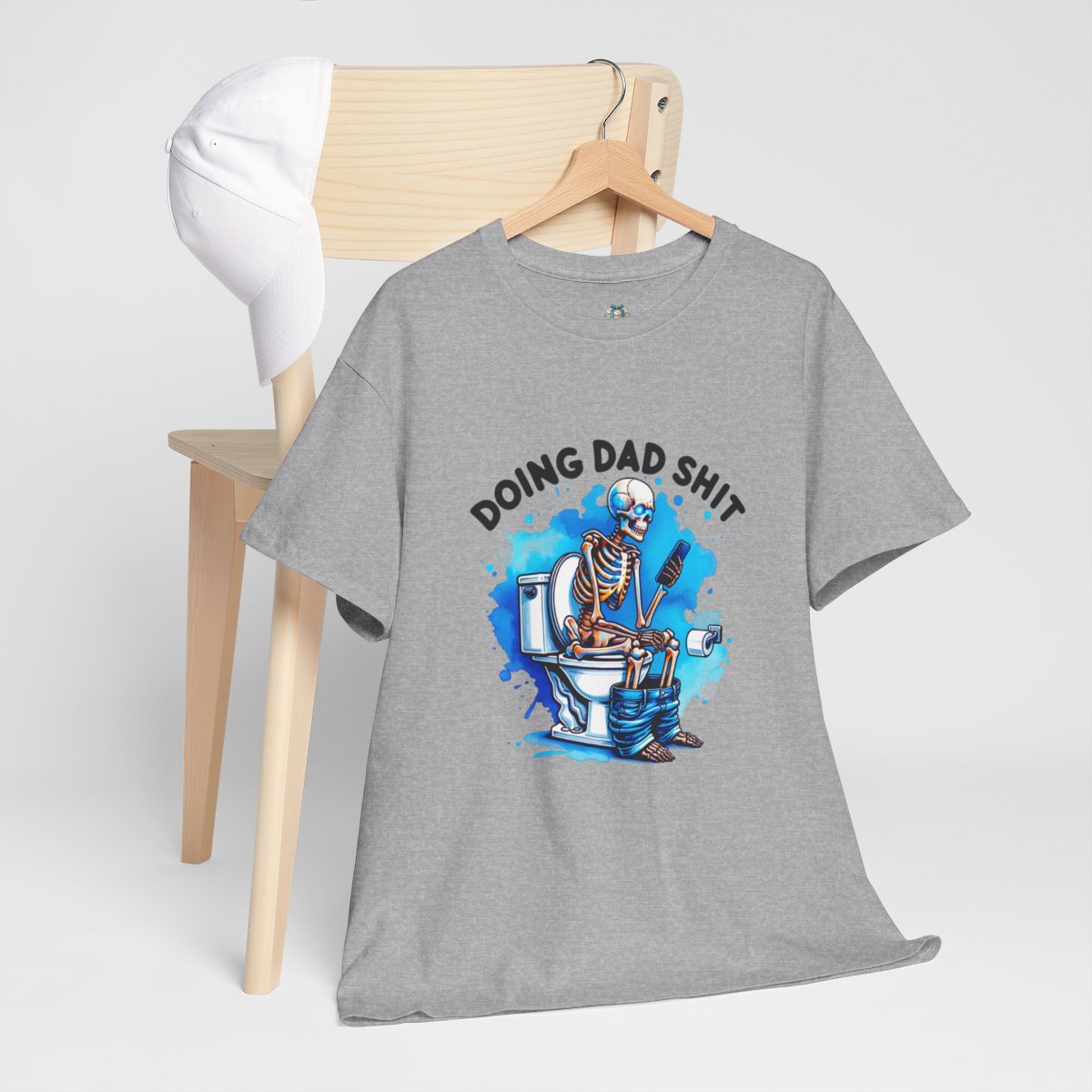 sport gray tee with skeleton dad on toilet scrolling phone: blue splash back ground and black text variation