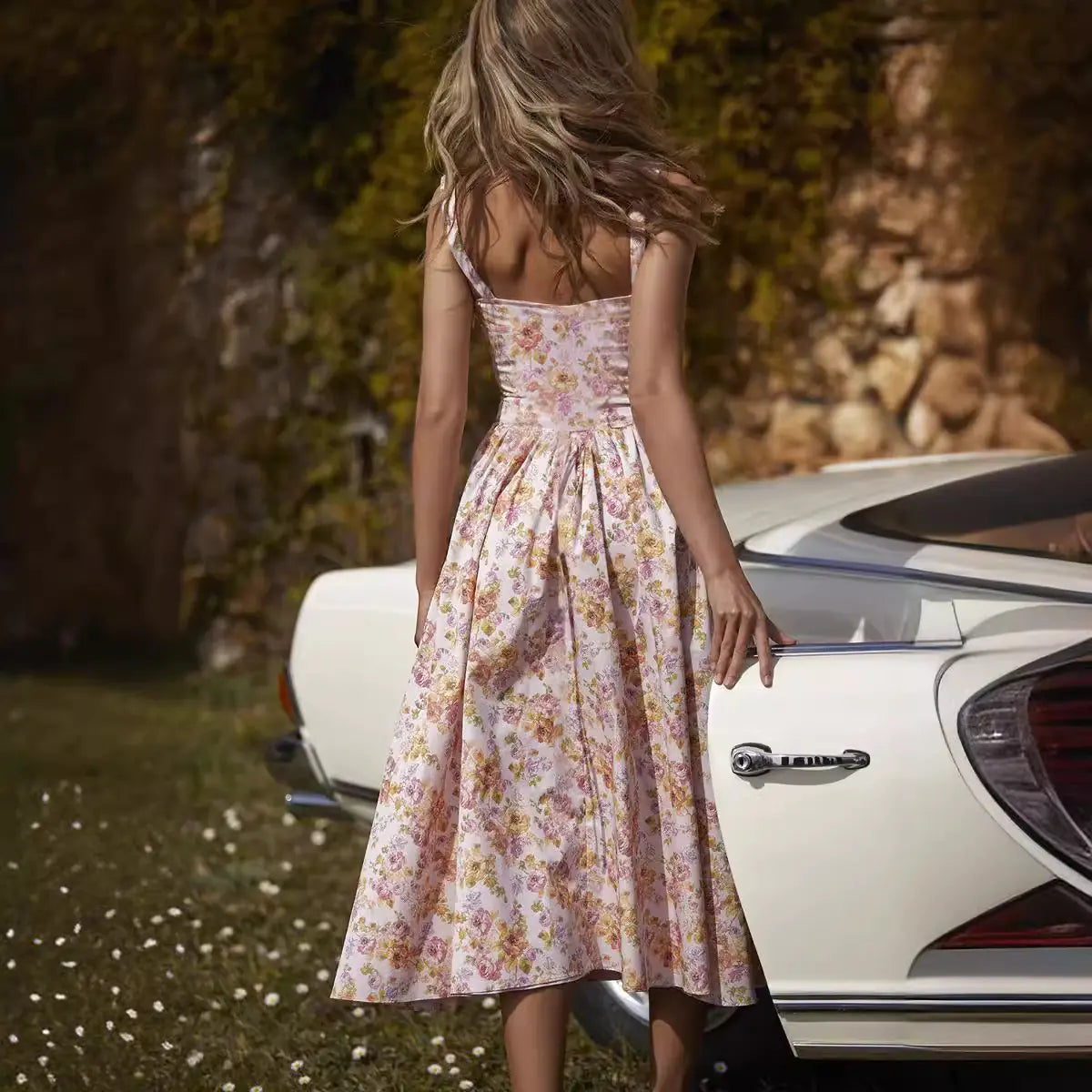 2023 European American style pink floral midi dress