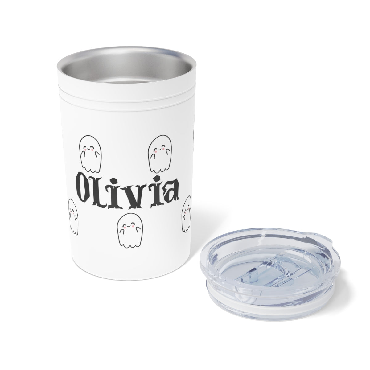 White tumbler with 'Olivia' and ghost designs on a white background