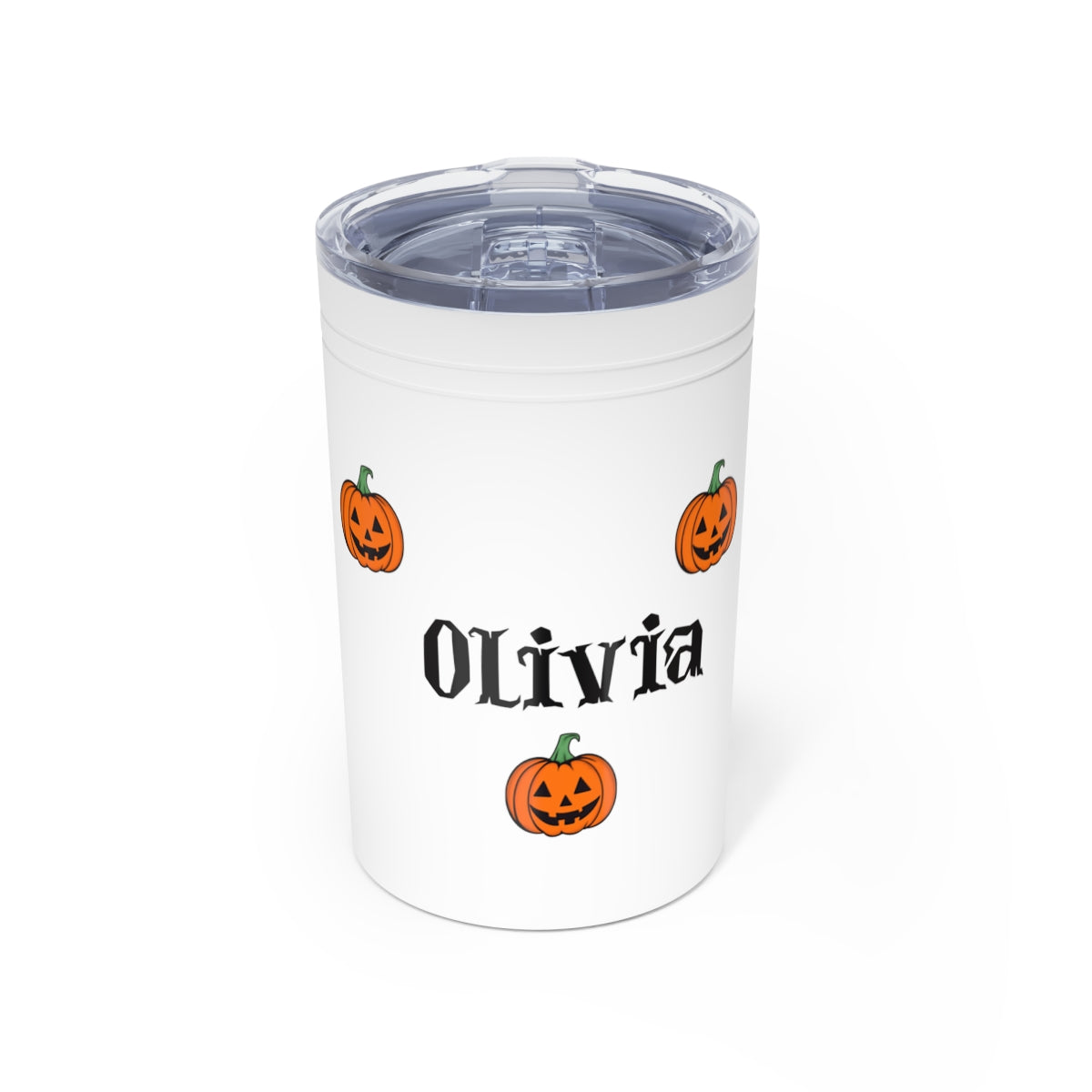 White tumbler with 'Olivia' and pumpkin designs on a white background