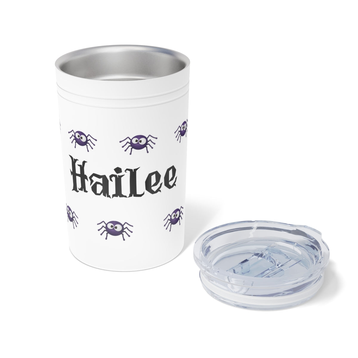 White tumbler with purple spider design and 'Hailee' text on a white background