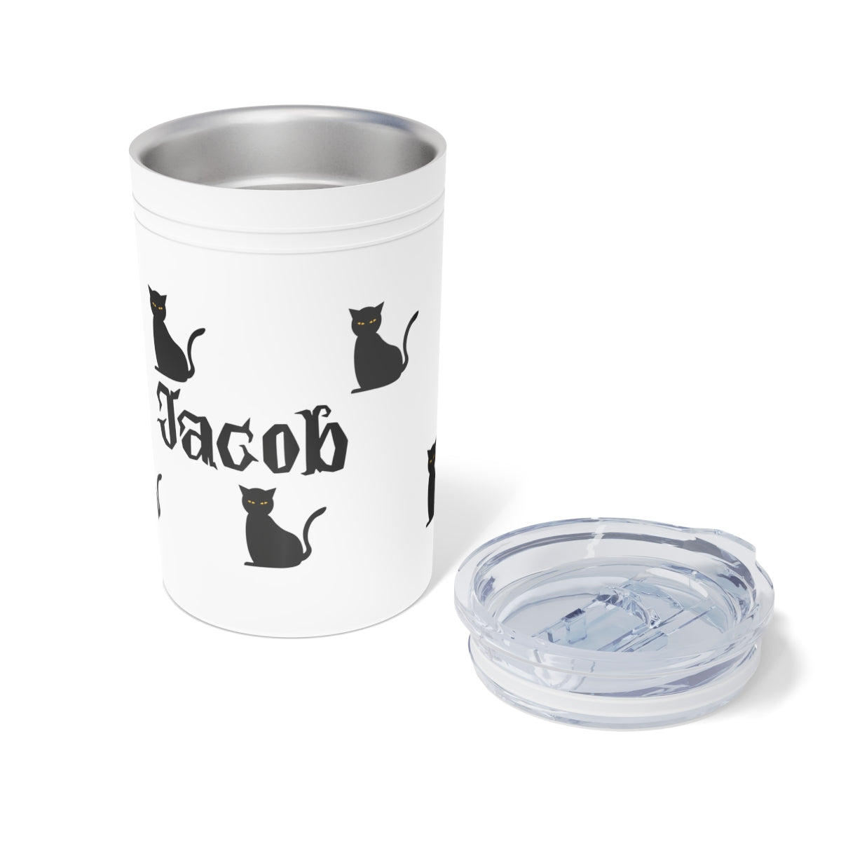 White tumbler with black cat illustrations and 'Jacob' text on a white background