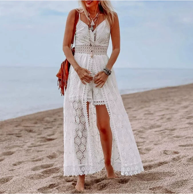Bohemian white lace maxi dress with high slit and V-neck