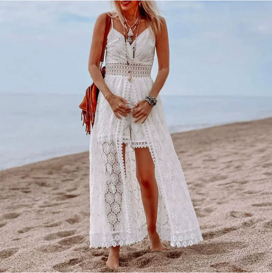 Bohemian white lace maxi dress with high slit and V-neck