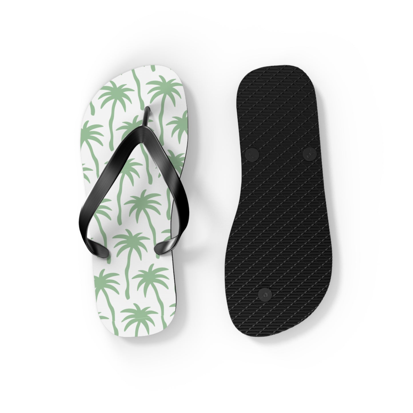 Flip-flop with black pattern on white sole and black insole on a white background