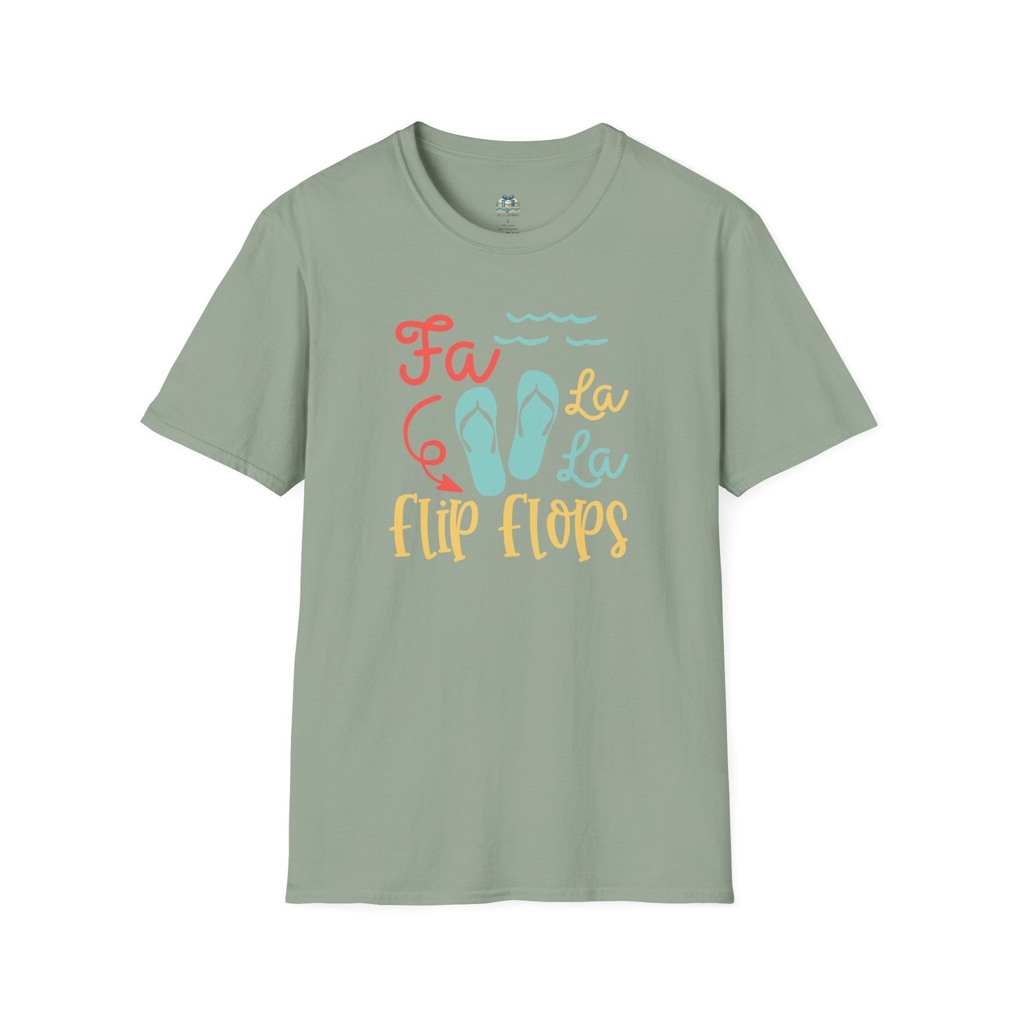 Green t-shirt with 'Fa La La Flip Flops' text and flip flop graphics on a white background