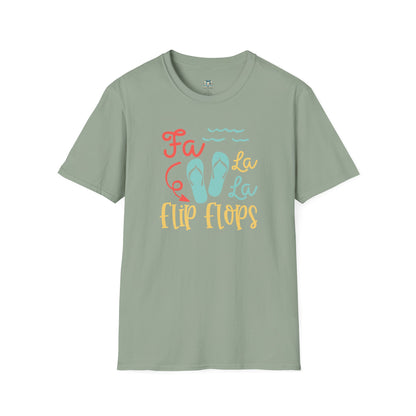 Green t-shirt with 'Fa La La Flip Flops' text and flip flop graphics on a white background