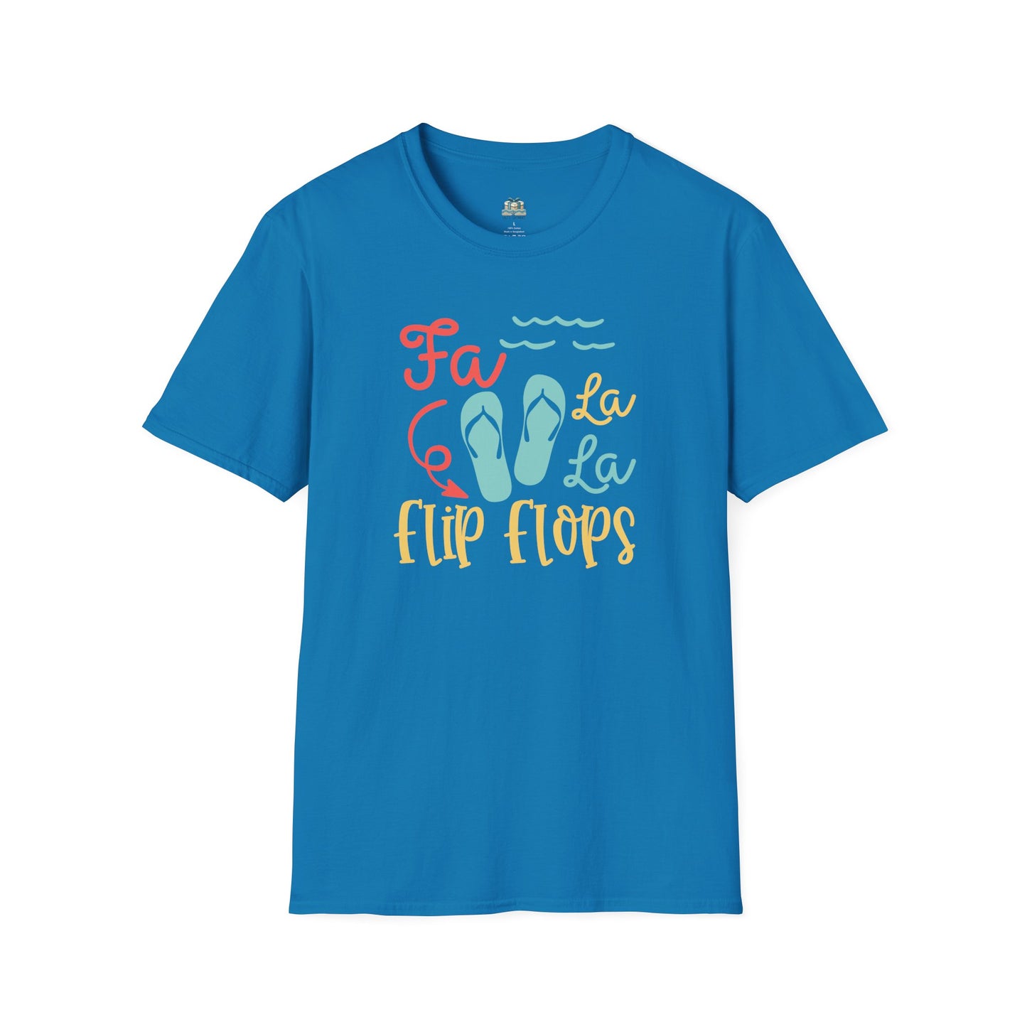 Blue t-shirt with 'Fa La La Flip Flops' text and graphics on a white background