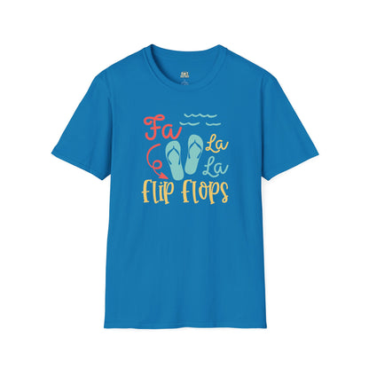 Blue t-shirt with 'Fa La La Flip Flops' text and graphics on a white background