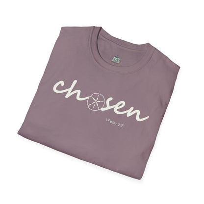 Folded purple t-shirt with 'chosen' text on a white background