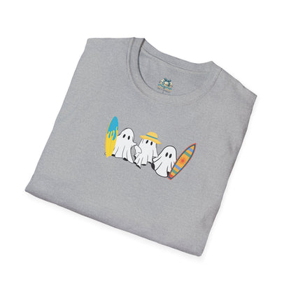 Folded gray t-shirt with cartoon ghosts design on a white background