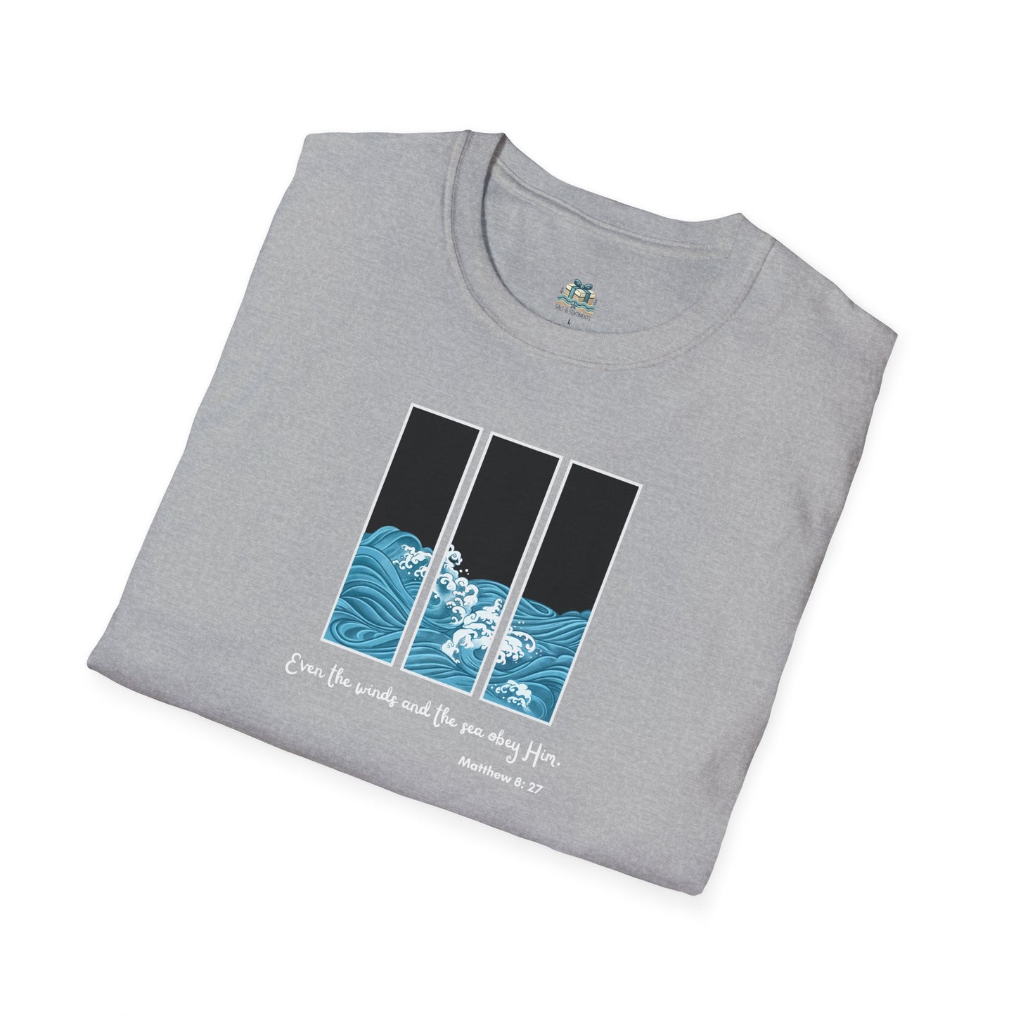 Folded gray t-shirt with wave design and text on a white background