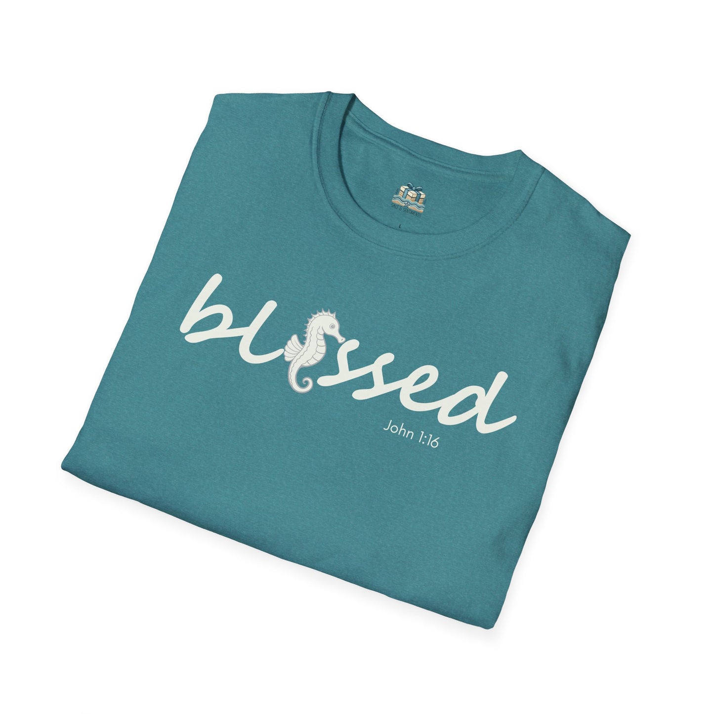 Teal t-shirt with 'blessed' text on a white background