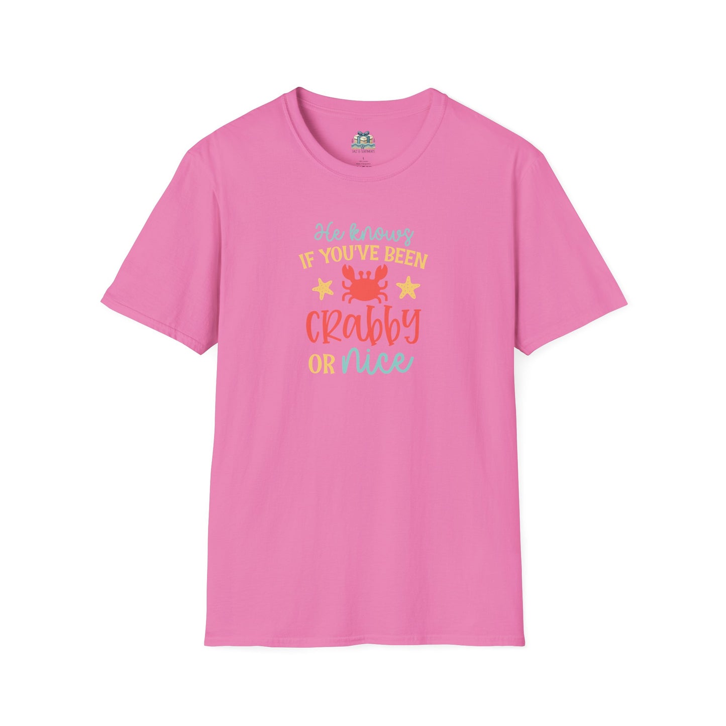 Pink t-shirt with colorful text design on a white background