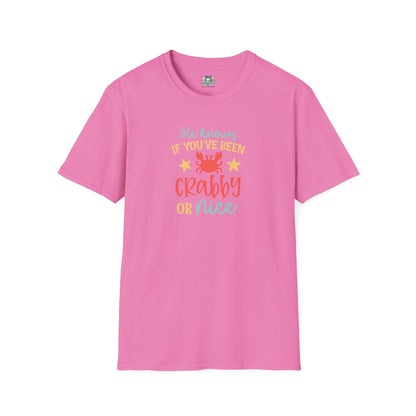 Pink t-shirt with colorful text design on a white background