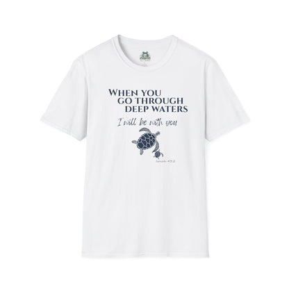 White t-shirt with turtle graphic and motivational quote on a white background